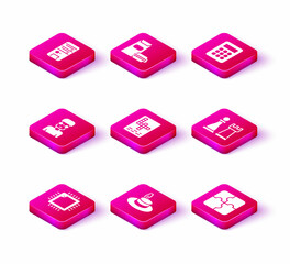 Poster - Set Processor with CPU, Man hat, Nerd geek, Crossword, Piece of puzzle, Chess, Calculator and Burger icon. Vector