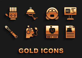 Poster - Set Robot charging battery, Software, Technical specification, Screwdriver, vacuum cleaner, Mechanical robot hand and Waiter icon. Vector