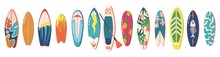 Set Of Surfboards With Different Bright And Unusual Pattern Designs. Various Surf Desks, Surfing Boards Collection