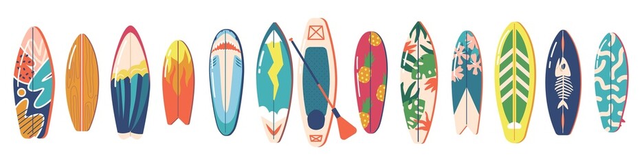 Set of Surfboards with Different Bright and Unusual Pattern Designs. Various Surf Desks, Surfing Boards Collection