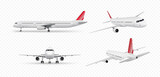 Realistic aircraft. Passenger airplane in different views. 3d detailed passenger air plane isolated on transparent background. Vector illustration