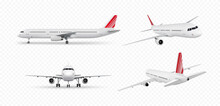 Realistic Aircraft. Passenger Airplane In Different Views. 3d Detailed Passenger Air Plane Isolated On Transparent Background. Vector Illustration
