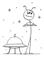 Sticker - Cute Friendly Alien Standing in Front of UFO Spaceship, Vector Cartoon Stick Figure Illustration