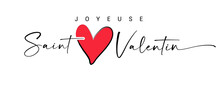 Joyeuse Saint Valentin French Lettering - Happy Valentines Day Elegant Background With Heart Pattern. Valentine Holiday Black Calligraphy With Red Heart, Romantic France Banner Design. Festive Vector