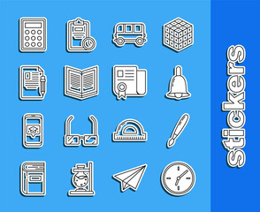 Sticker - Set line Clock, Paint brush, Ringing bell, School Bus, Open book, Exam sheet and pencil with eraser, Calculator and Certificate template icon. Vector