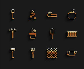 Poster - Set line Garden rake, Shovel, fence wooden, Watering can, Cactus and succulent pot, and trowel spade or shovel icon. Vector