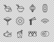 Set Line Japanese Tea Ceremony, Sushi, Paper Lantern, Asian Noodles In Box And Chopsticks, Rice Bowl With, Flower, Geta Traditional Shoes And Paper Chinese Or Japanese Folding Fan Icon. Vector