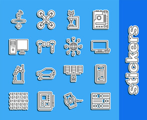 Poster - Set line Server, Data, Web Hosting, Smartphone, mobile phone, Tv, Microscope, Air headphones, Computer monitor, UAV Drone and Social network icon. Vector