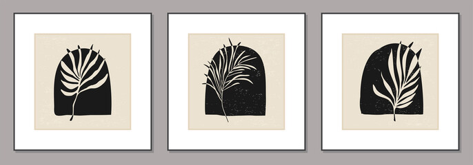 Set of minimalist botanical wall art composition with leaves abstract collage