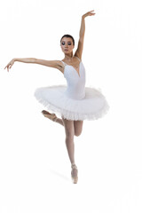 Ballet Concepts. Professional Japanese Female Ballet Dancer Posing in White Tutu With Lifted Hands Against White Background.