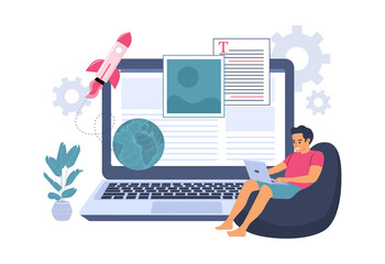 A man is developing a website. Vector illustration.