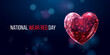 National wear red day concept. Banner with wireframe red heart. Abstract modern 3d vector illustration on blue background