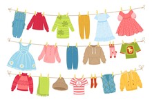 Baby Clothes Ropes. Washed Garment Hanging On Cords And Dries. Boyish And Girly Things On Clothesline With Clothespins. Dresses And Trousers. Socks And Sweaters. Vector Drying Clothing Set