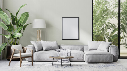 Wall Mural - poster frame mock up in modern living room interior with gray sofa, wooden furniture and palm tropic