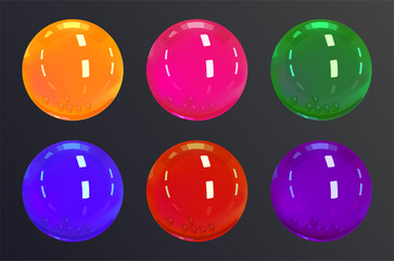 Set of six elements with spheres and bubbles for game design. Round gems, treasures. Templates for mobile, client and browser applications. Volumetric vector colorful objects for stylization.