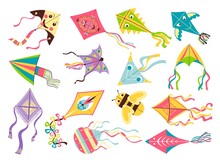 Flying Kites. Different Shapes And Design Flying Toys, Bright Color Craft Objects, Kids Controlled Device, Bee And Smiling Faces, Outdoor Active Summer Games, Vector Isolated Set