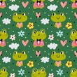 Funny frogs seamless pattern. Cute green animals, little cartoon amphibians with flowers, baby toad characters in glasses, childish background. Decor textile, wrapping paper, vector print