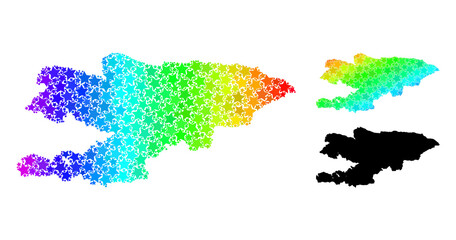  Spectrum gradient stars mosaic map of Kyrgyzstan. Vector colored map of Kyrgyzstan with spectrum gradients. Mosaic map of Kyrgyzstan collage is created with random colored star parts.