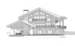 © korisbo - 3d rendering of modern cozy chalet with pool and parking for sale or rent. Massive timber beams columns. Black line sketch with soft light shadows on white background.