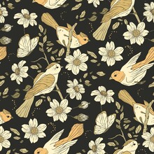 Vintage Bird And Butterfly Boho Floral Seamless Pattern With Daisy Flower