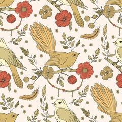 Wall Mural - Vintage aesthetic bird boho floral seamless pattern with flower