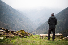 Turkey,  Rear View Of Man Standing In Mountain Landscape