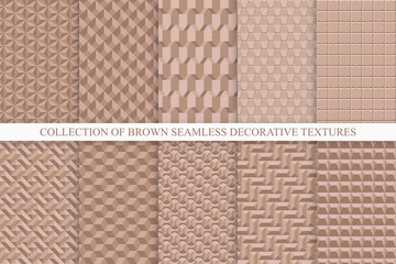Collection of vector seamless brown decorative textures. Geometric repeatable backgrounds. Elegant tile endless 3d patterns
