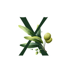 Wall Mural - X letter logo in watercolor style with olive branches.