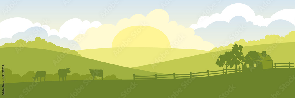 Abstract rural landscape with cows and farm house. Vector illustration ...
