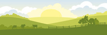 Abstract Rural Landscape With Cows And Farm House. Vector Illustration, Fields And Meadows