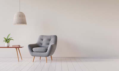 Poster - Retro armchair, wooden table and lamp in bright minimalist interior with large mock up wall. 3D render. 3D illustration.
