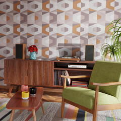 Poster - Retro style living room with hi-fi audio turntable. Colorful patterns and furniture. 3D render. 3D illustration.