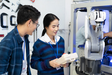 Asian female apprentice engineer in student uniform testing the work of an automation robotic arm machine with a robot controller with a young Asian male CEO giving an advice next to her in factory.