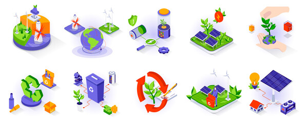 Aufkleber - Eco lifestyle concept isometric 3d icons set. Alternative energy sources, climate change, nature and ecology protection, recycling and waste sorting, isometry isolated collection. Vector illustration