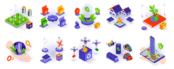 Aufkleber - Eco lifestyle concept isometric 3d icons set. Environmental protection, eco friendly technology, green renewable energy, smart home and electric cars, isometry isolated collection. Vector illustration