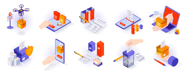 Poster - Election and voting concept isometric 3d icons set. E-voting at mobile app or computer, ballot box, candidate lists, results, election security, isometry isolated collection. Vector illustration