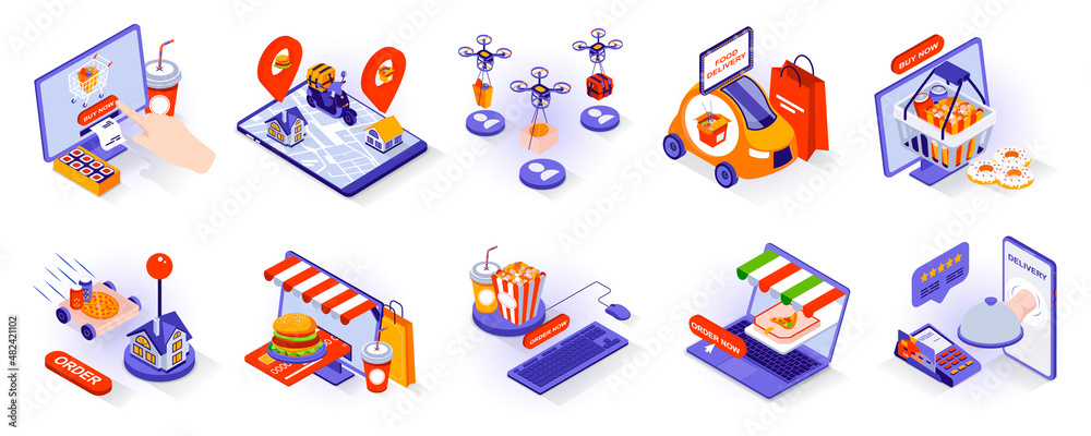 Food delivery concept isometric 3d icons set. Online order from ...
