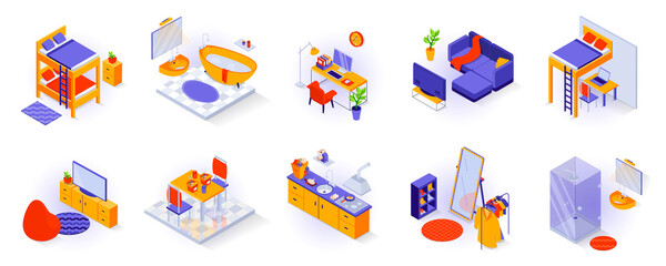 Poster - Home interiors elements concept isometric 3d icons set. Furnished rooms isometry isolated collection. Bedroom, bathroom, living room, childs room, kitchen, wardrobe and other. Vector illustration