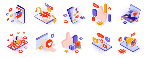 Poster - Social media concept isometric 3d icons set. Online communication and chats, attracting followers and blogging, promotion and digital marketing, isometry isolated collection. Vector illustration
