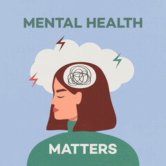 Wall Mural - Mental health matters. Flat llustration of woman with mess line inside her brain	
