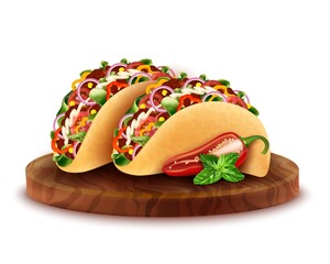 Poster - Realistic Detailed 3d Taco Mexican Food with Pepper on a Round Wooden Board Isolated on a White Background. Vector illustration