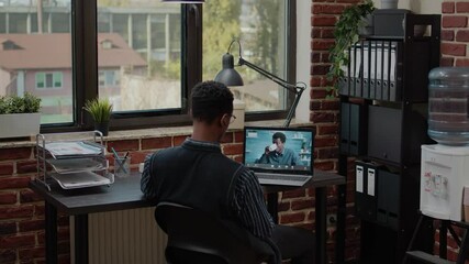 Poster - business man attending meeting with manager on video call, talking about development in company offi