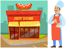 Cook Works With Kitchen Equipment To Prepare Food. Male Character Whips Ingredients Of Meal With Whisk. Chef Prepares Hot Dog, Bun With Sausage. Man Cooking American Cuisine Fast Food For Restaurant