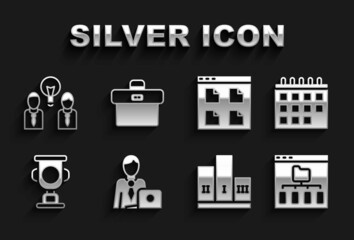 Sticker - Set Businessman, Calendar, Browser files, Award over winner podium, cup, People with lamp bulb and Briefcase icon. Vector