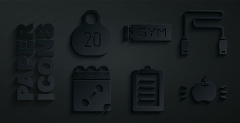 Wall Mural - Set Sport training program, Jump rope, Calendar fitness, Apple, Location gym and Kettlebell icon. Vector