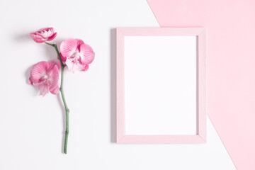 Wall Mural - Beautiful flowers composition. Photo frame, pink orchid flower on pastel pink background. Valentines Day, Happy Women's Day. Flat lay, top view, copy space