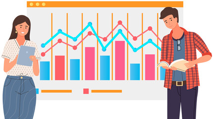 Wall Mural - Businessteam stands in front of screen with chart, statistics. Office workers have creative idea for company finance development. Colleagues conduct analytics of statistical data, diagram on banner