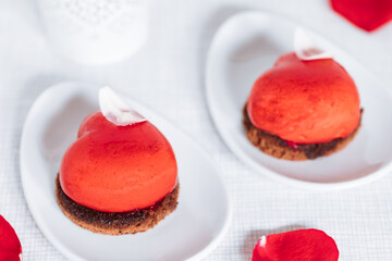 Wall Mural - Valentine's day Heart shaped chocolate and strawberry cake. Celebration of love concept.