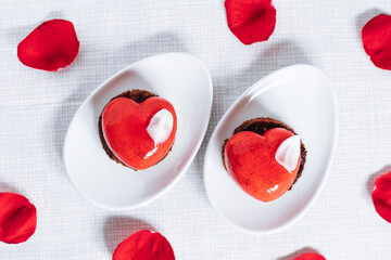 Wall Mural - Valentine's day Heart shaped chocolate and strawberry cake. Celebration of love concept.