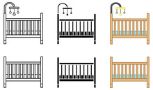 Baby Crib With Mobile Clipart Set - Outline, Silhouette And Color